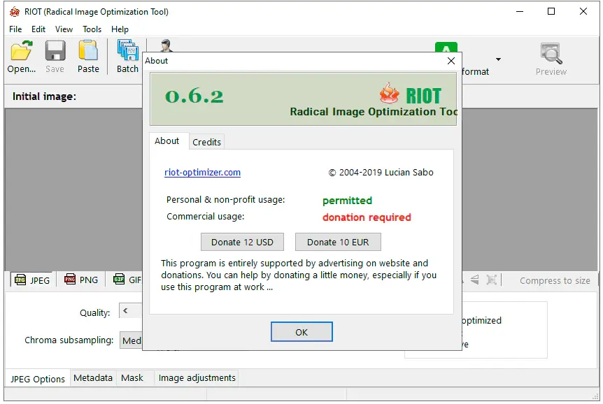 RIOT 0.6.2 About dialog showing licensing and donation options