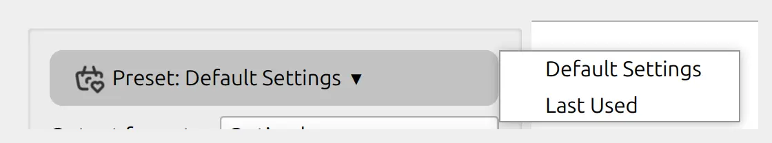 Preset control open on Default Settings, with Default Settings and Last Used in the menu
